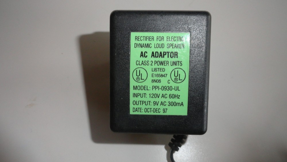 XX15: Rectifier Electro Dynamic Loud Speaker AC Adaptor Class 2 Model PPI-0930-U