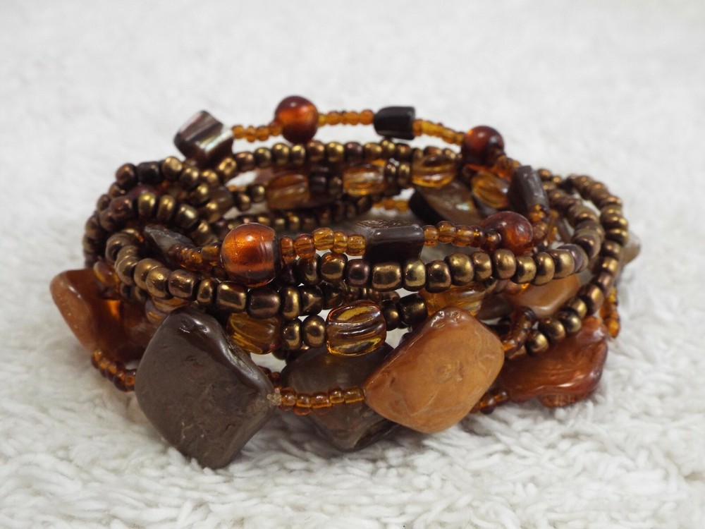 7 pc Coppery Bead Shell Stretch Bracelet (D3)