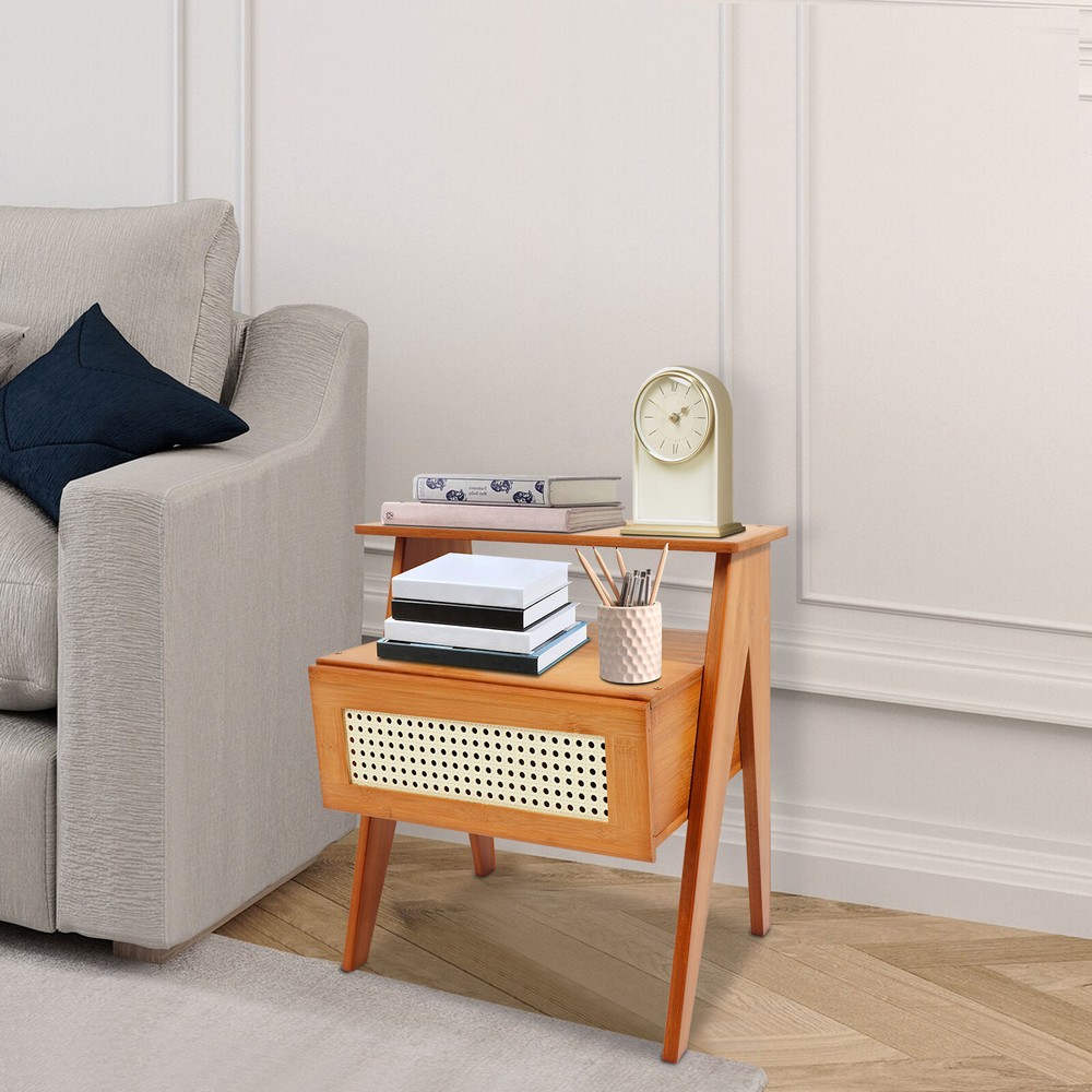 Bamboo Bedside Table, Trapezoidal Sofa Side Table, Bedside Table with Drawer