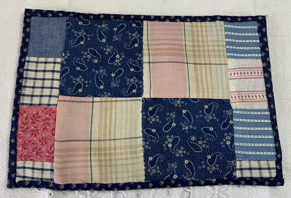 Vintage Patchwork Quilt Table Topper Or Doll Quilt, 4 Patch, Blue