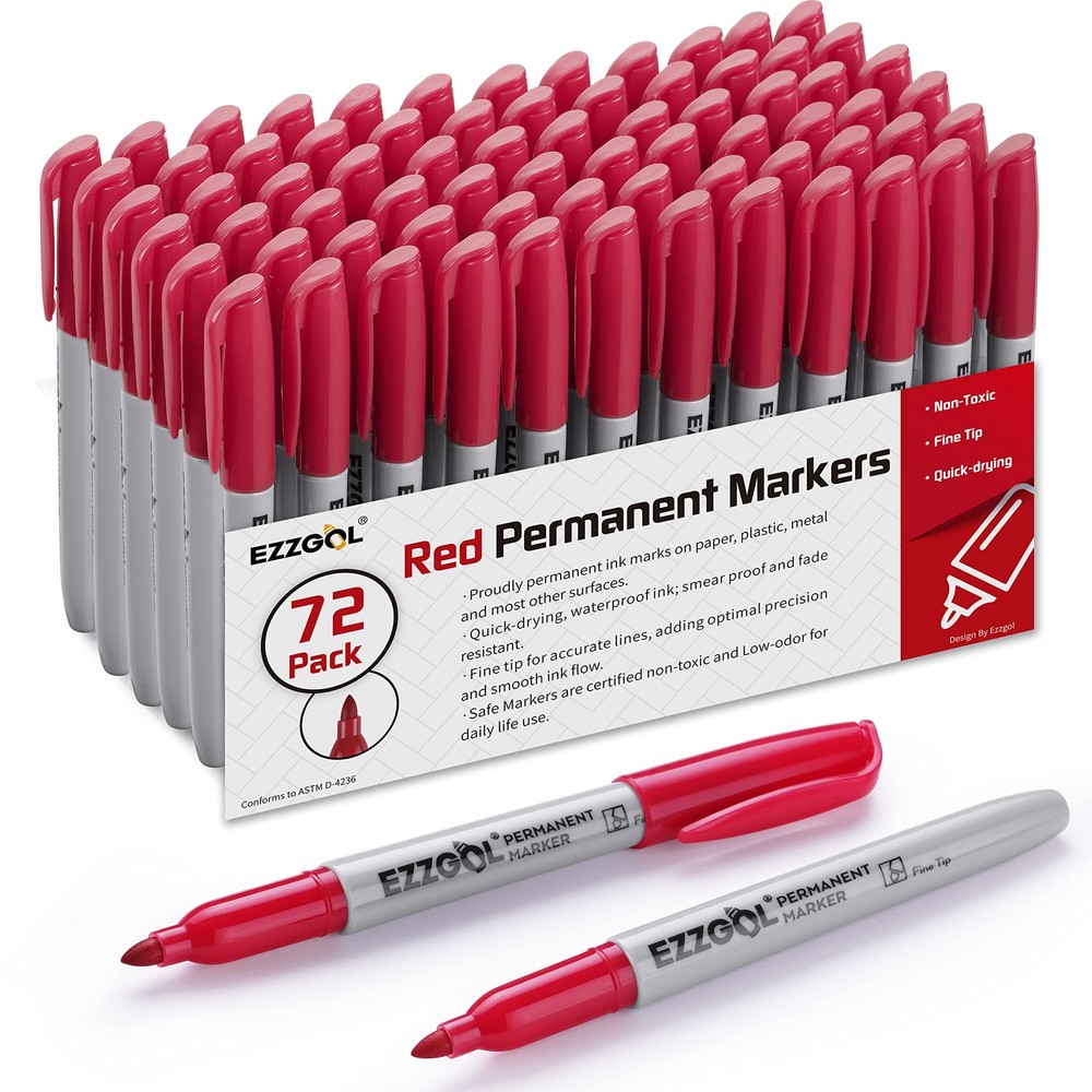 Permanent Markers Bulk 72 Pack Red Permanent Marker Set Fine Tip Waterproof M...