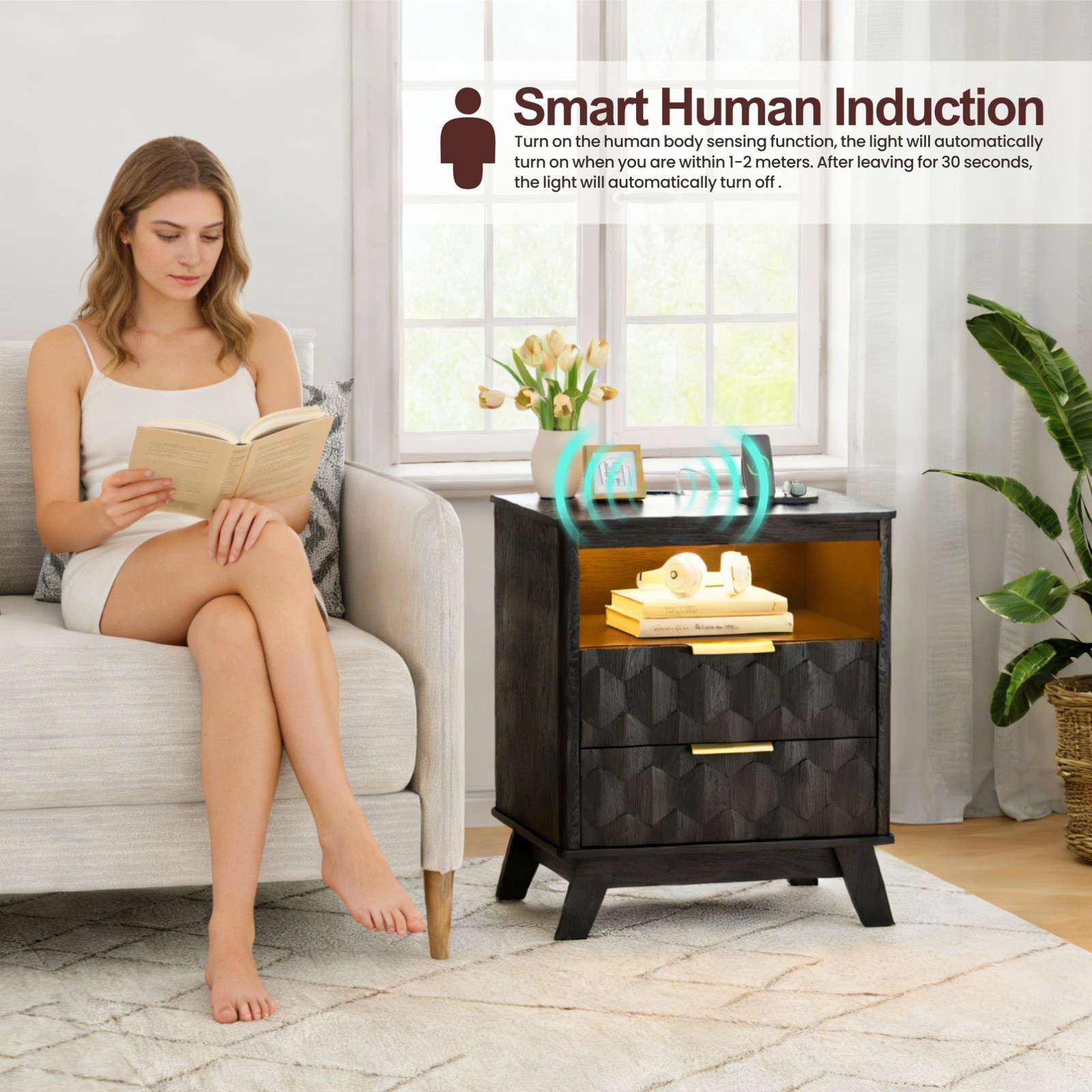 Gurexl Night Stand Set of 2 - with Charging Station and 3-Color LED Light, Black