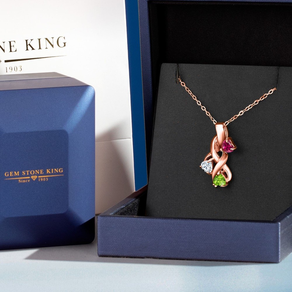 18K Rose Gold Plated Silver Created Ruby and White Moissanite and Peridot