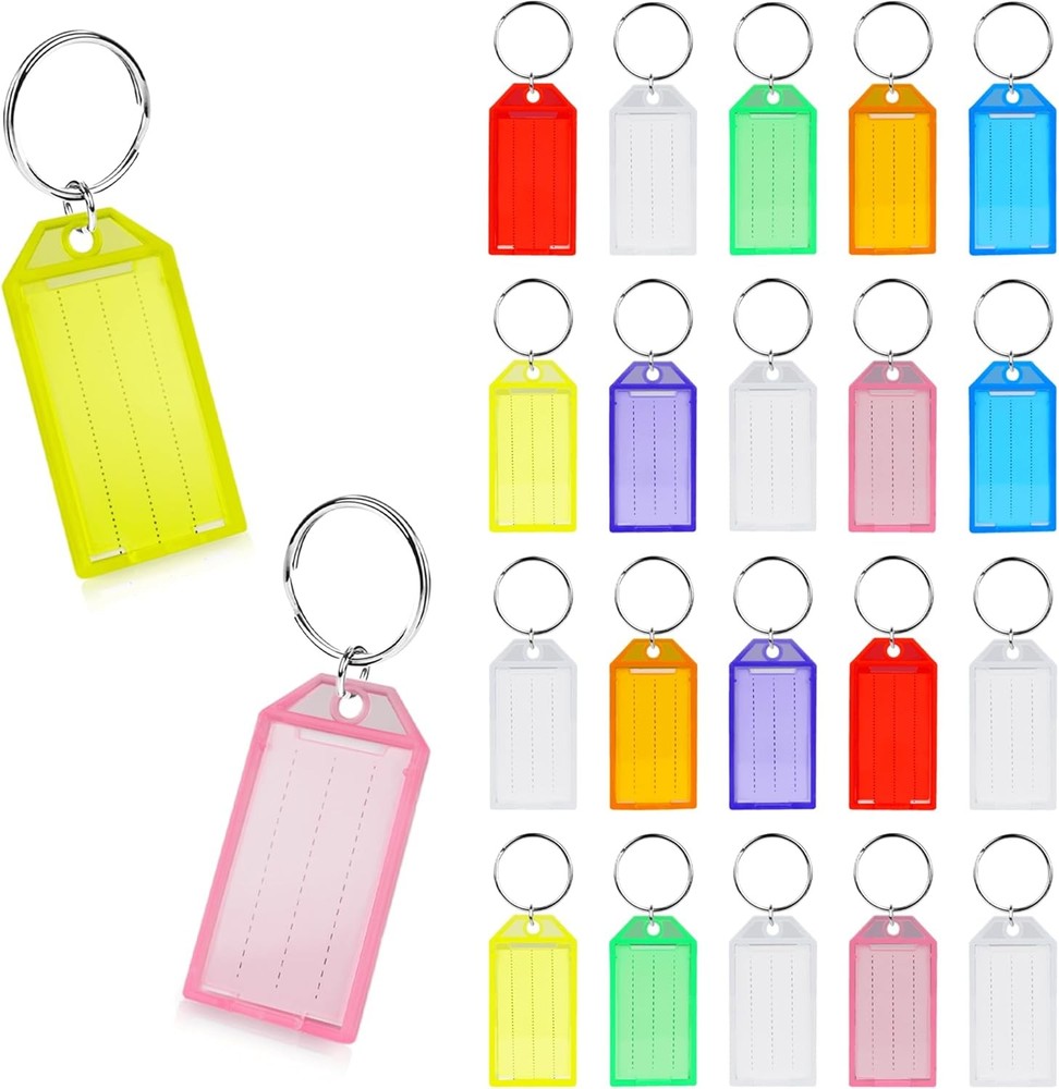 20 Pack Plastic Keychain Key Chain Tag Labels with Split Ring & Label Window for