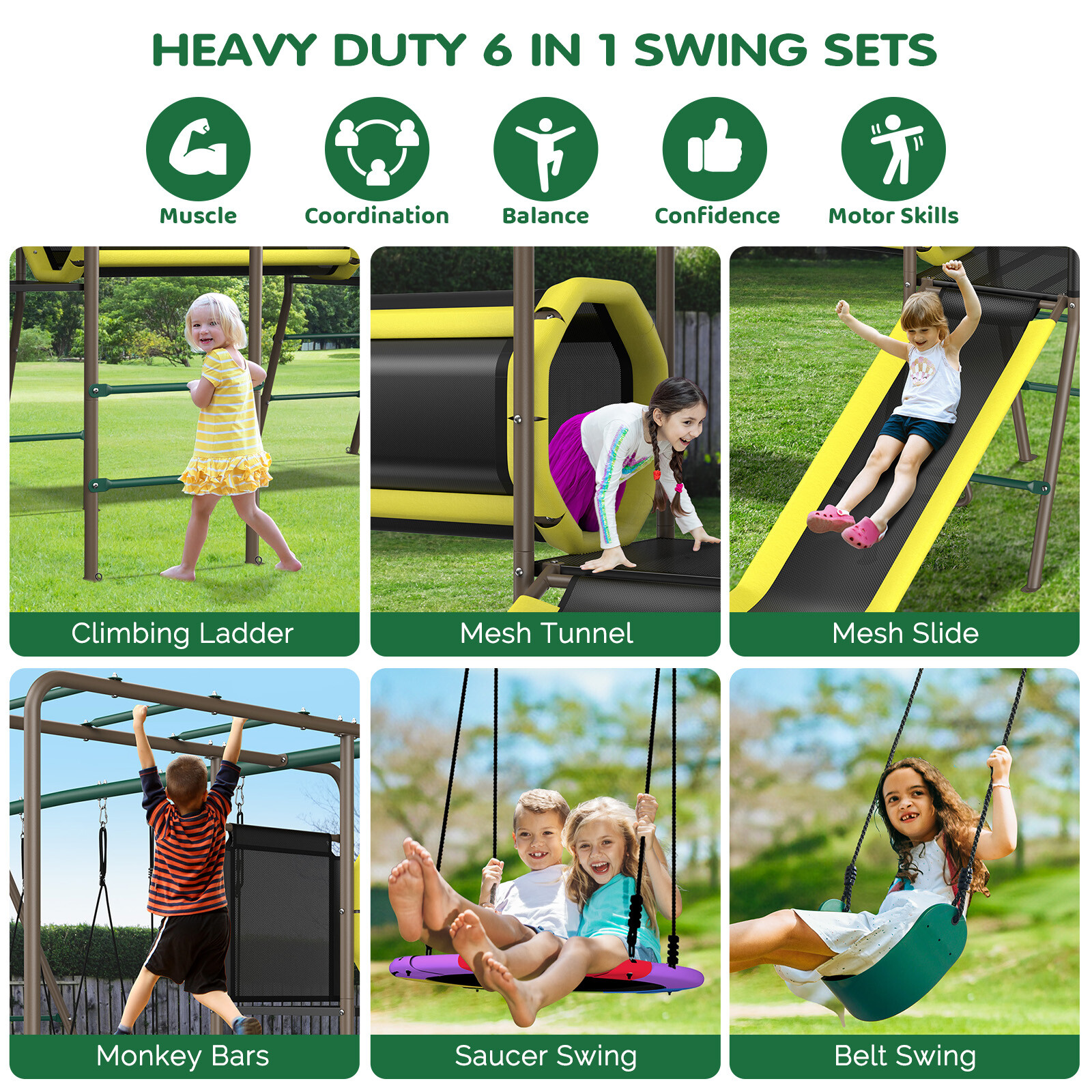 660lbs Playground Metal Swing Set Heavy Duty with Slide Outdoor Play for Kids