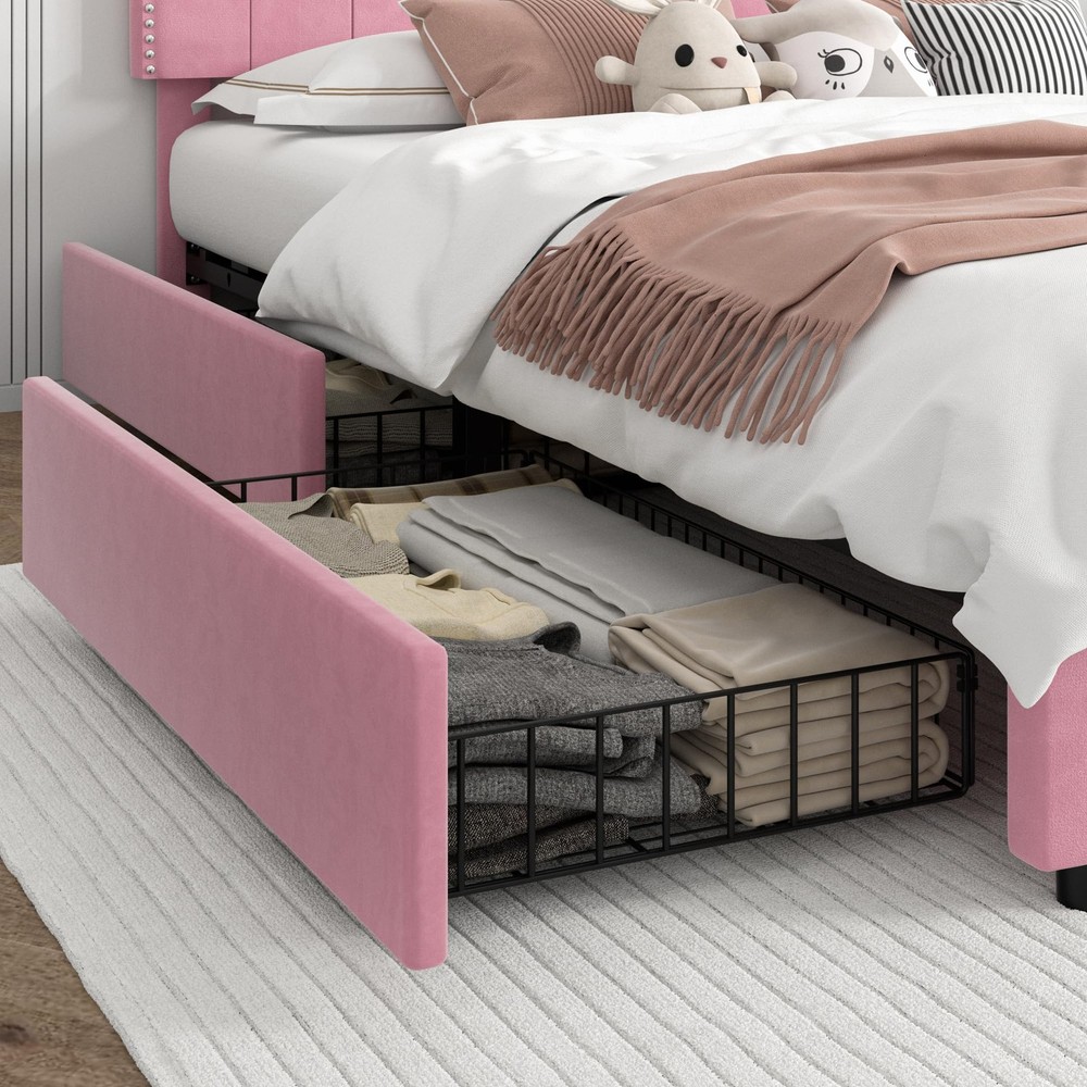 Full Bed Frame Upholstered Platform with 4 Storage Drawers & Tufted Adjustabl...