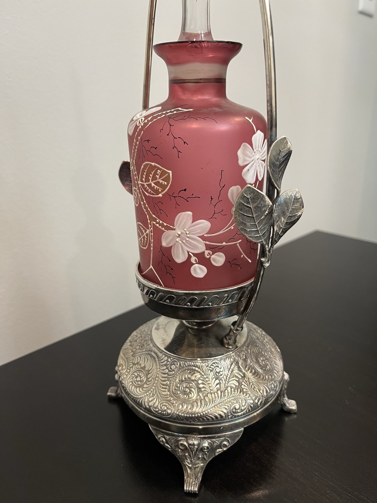 RARE Victorian Silver Plate Figural Perfume Castor Holder Cranberry Satin Glass