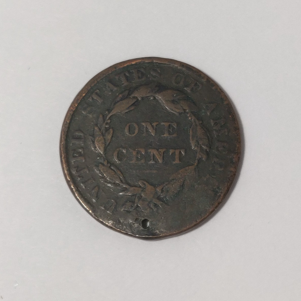 1837 LARGE CENT CORONET HEAD SURFACE DAMAGED + HOLED + SMASHED