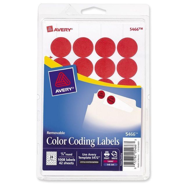Avery Printable Removable Color-Coding Labels 3/4" diameter RED 1008/Pack