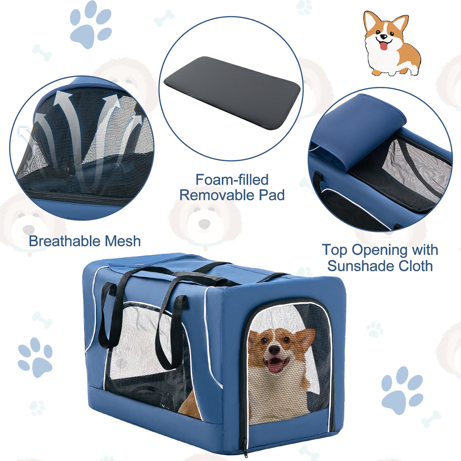 Double Pet Stroller for 2 Dogs or Cats w/ 2 Detachable Carriers Safety Belt Blue