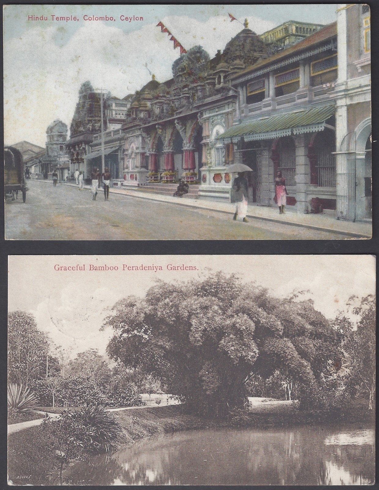 CEYLON 1929s 32 TWO POST CARD VIEWS COLOMBO TO US ONE WITH HINDU TEMPLE & BAMBOO