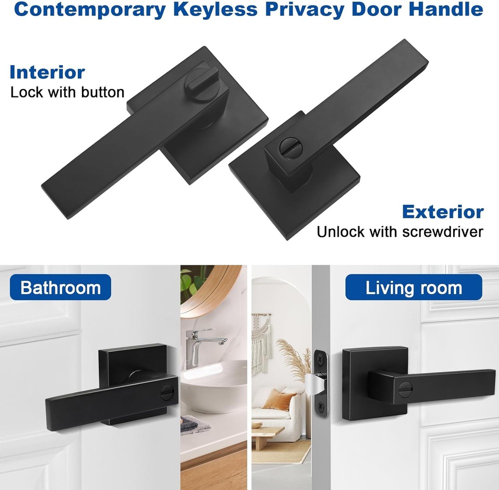 1 Pack Door Handle Black Interior Door Knobs, Keyless Privacy Door Lock