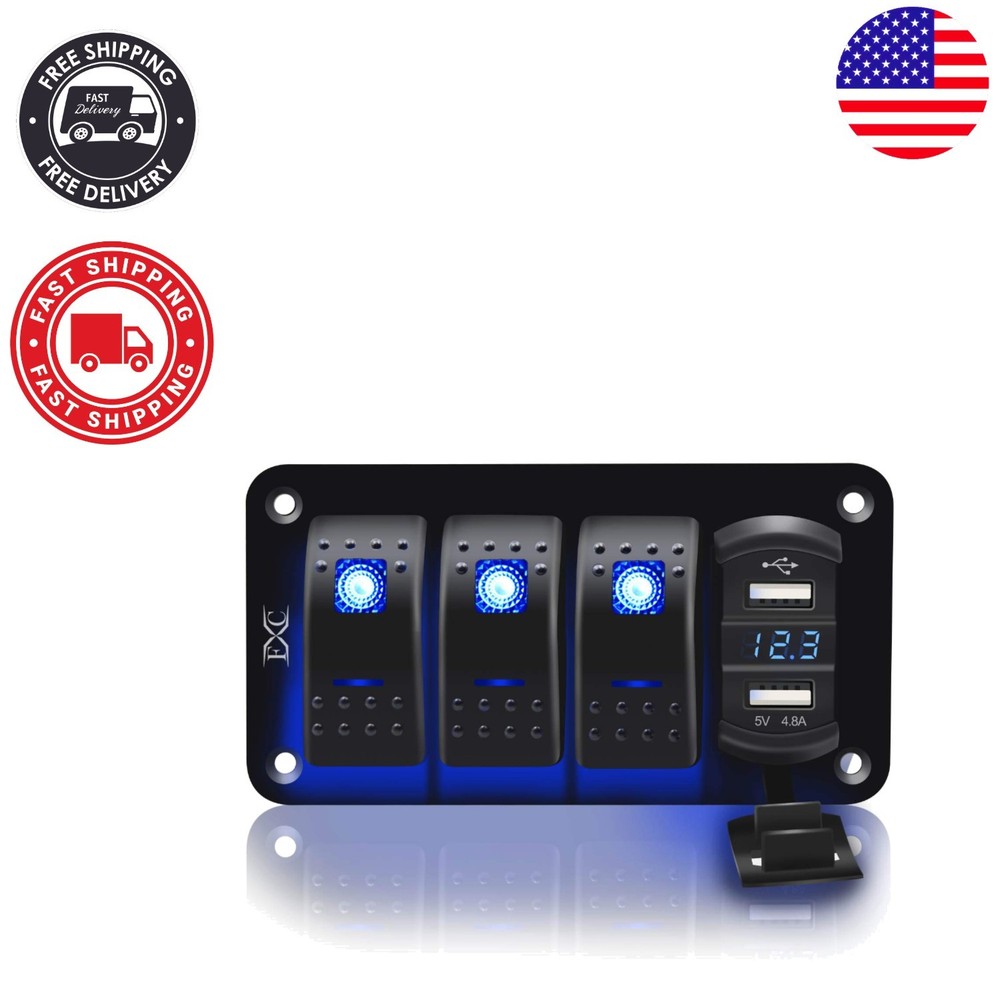 Multi-Function 3 Gang Rocker Switch Panel with Blue LED, USB Charger & Voltmeter