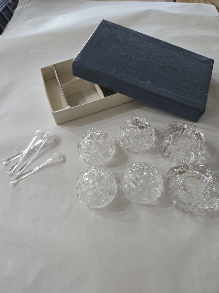 Clear Glass Diamond Pattern Open Salt Cellars Round Square Set with Spoons Box