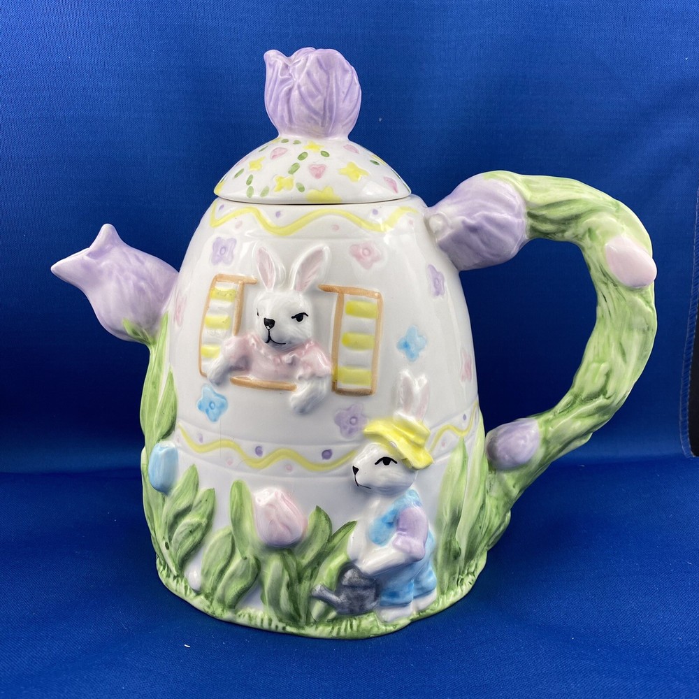Decorative Teapot bunny Easter tulips with lid Figural