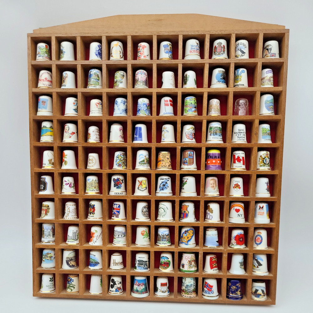 Vintage Thimble Display Case with 100 Mixed Various Thimbles Good Condition