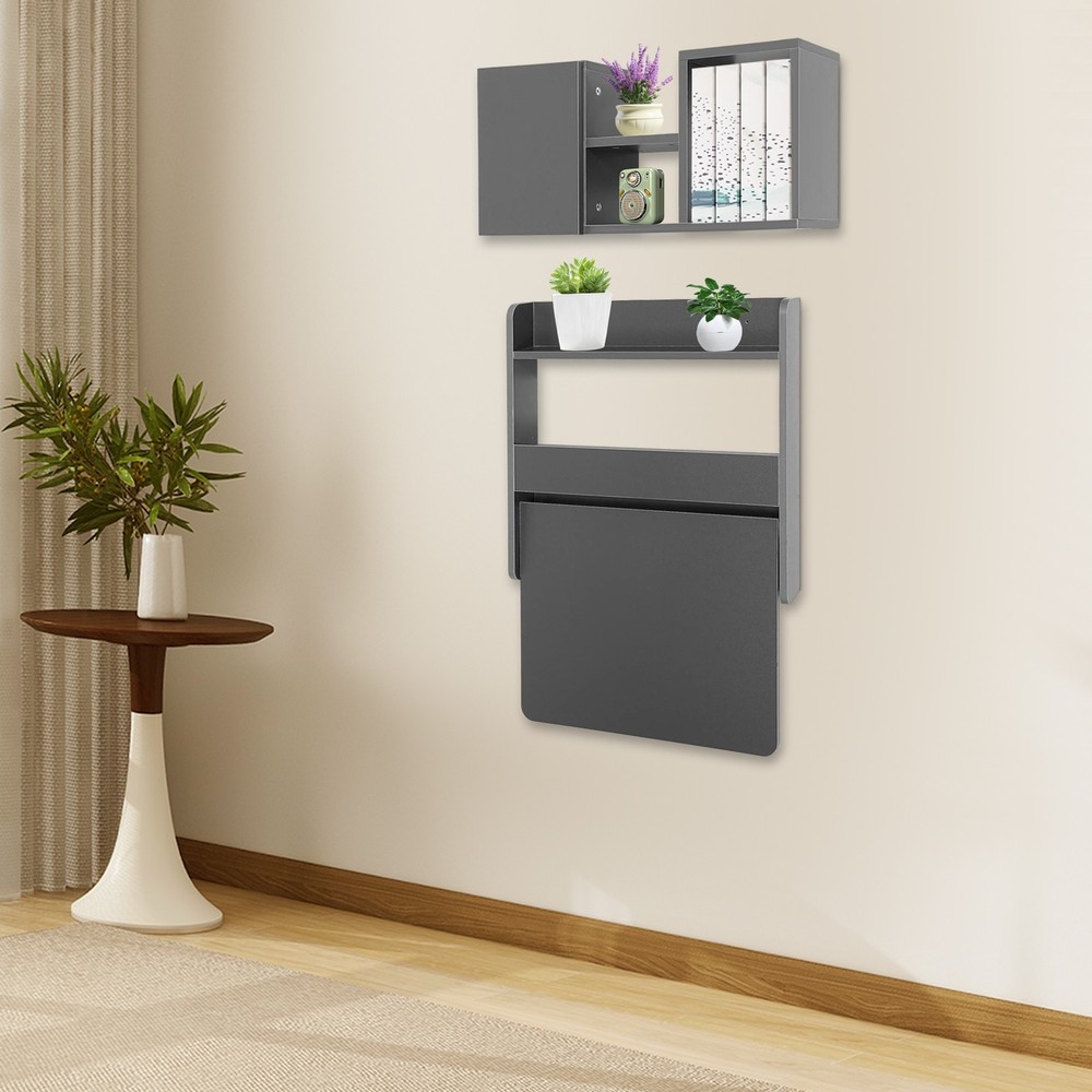 Wall Mounted Bookshelf Folding Space Saving Wall Mounted Table Laptop Desk Grey