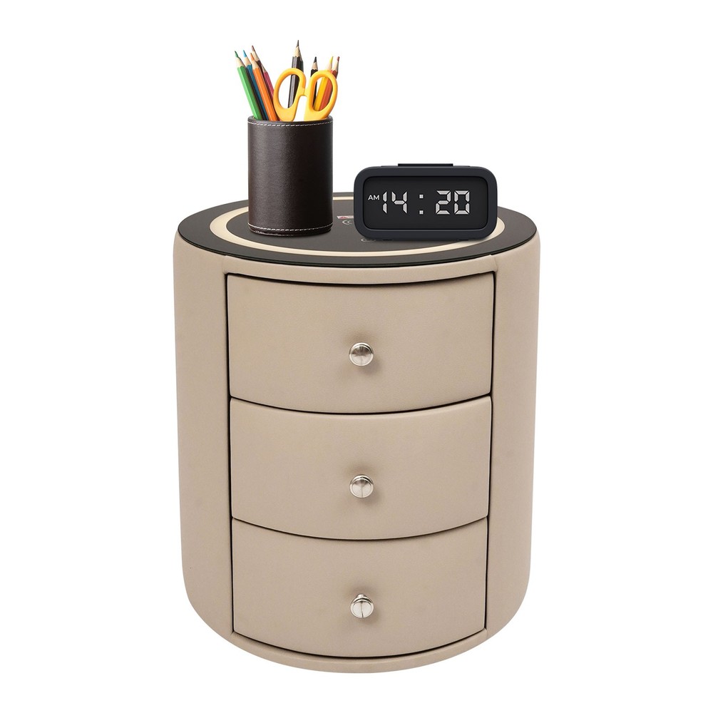 Nightstand with Wireless Charging , LED Nightstand with Leather Surface Round