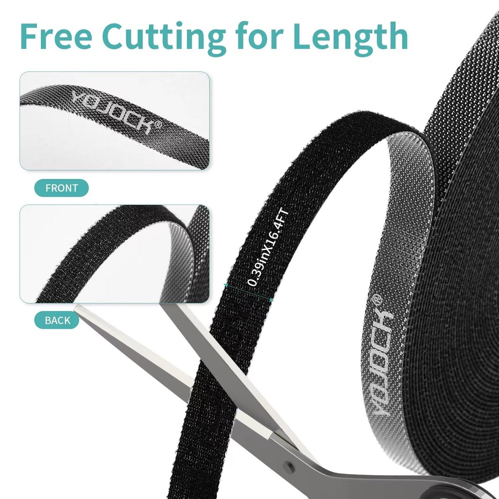 Reusable Hook Loop Cable Ties 0.4in x 16ft - Cable Management Black