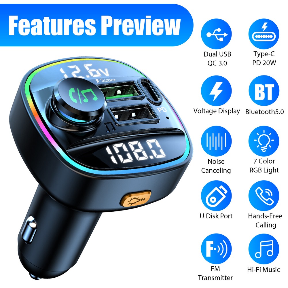 Bluetooth 5.0 Car Wireless FM Transmitter Adapter USB PD Charger AUX Hands-Free