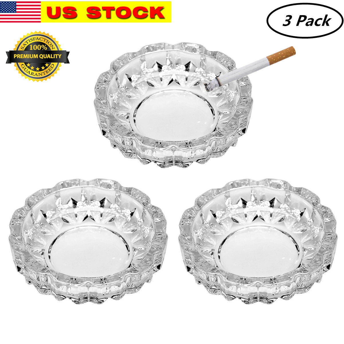 3 Pack 4.8" Round Thick Glass Smoking Ashtray for Indoor & Outdoor Home Office