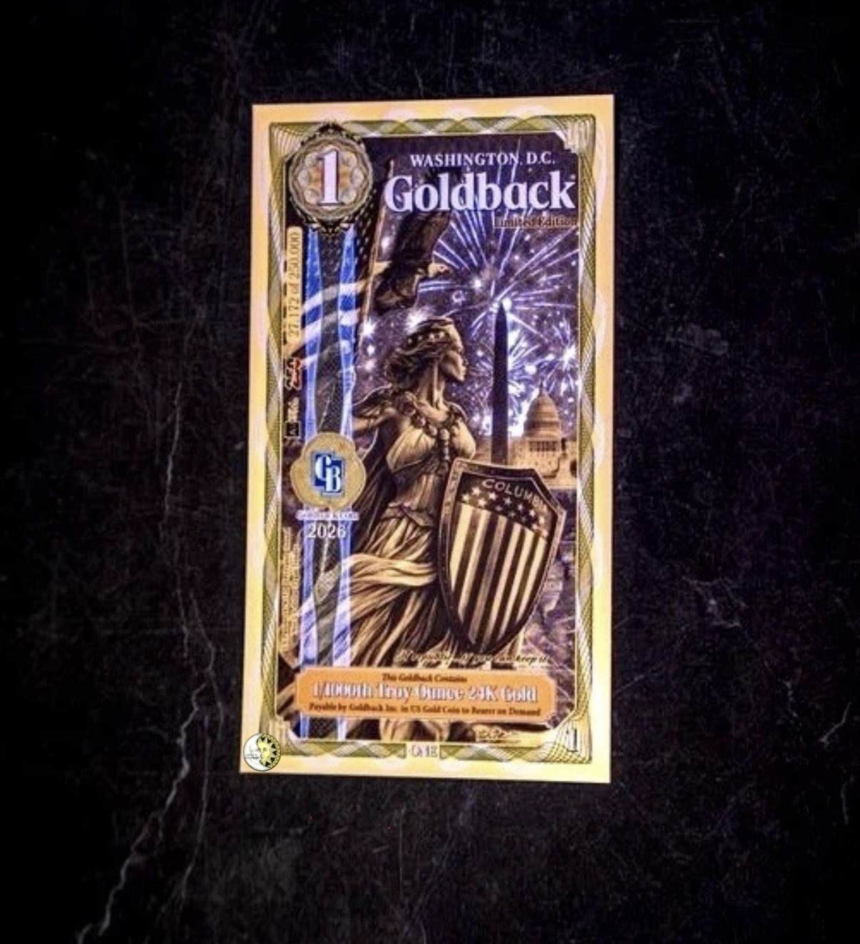1 WASHINGTON DC GOLDBACK AURUM 24K GOLD 1/1000 OZ BU + GB SLEEVE 🔥