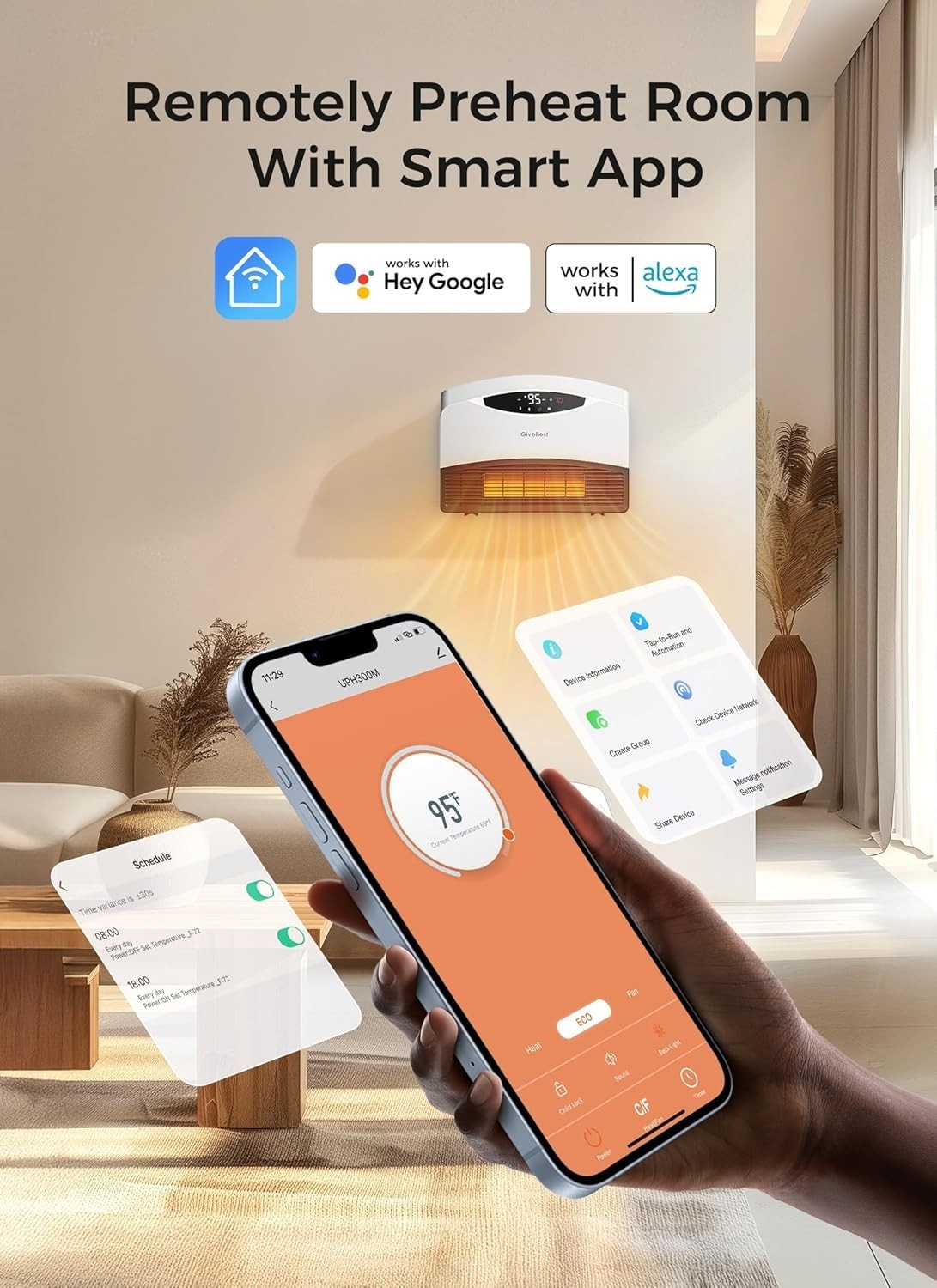 Electric Wall Heater with Wifi and Remote Control Floor or Wall 1500W