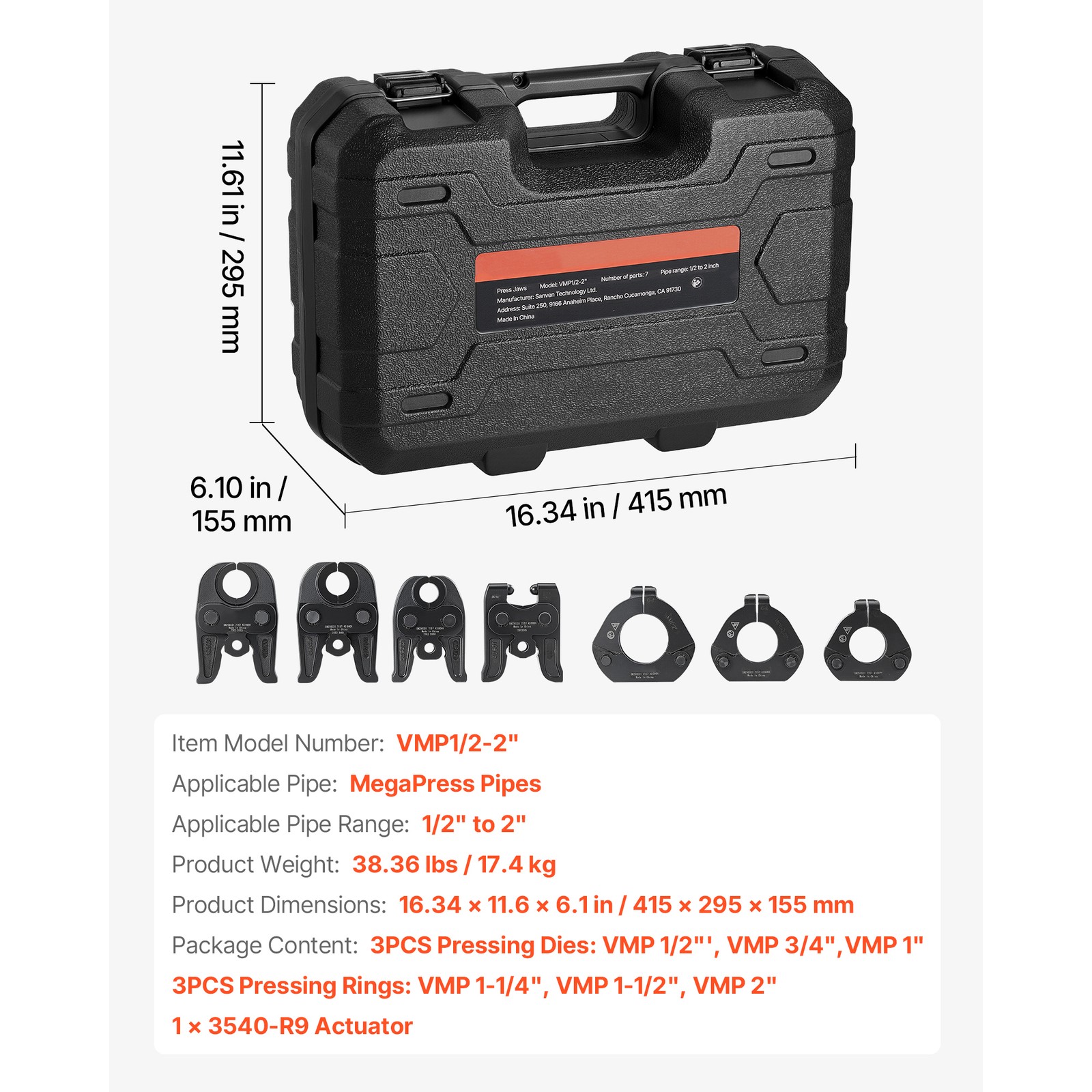 7 PCS MegaPress Pressing Kit 1/2" to 2" for Standard Press Tools with Case