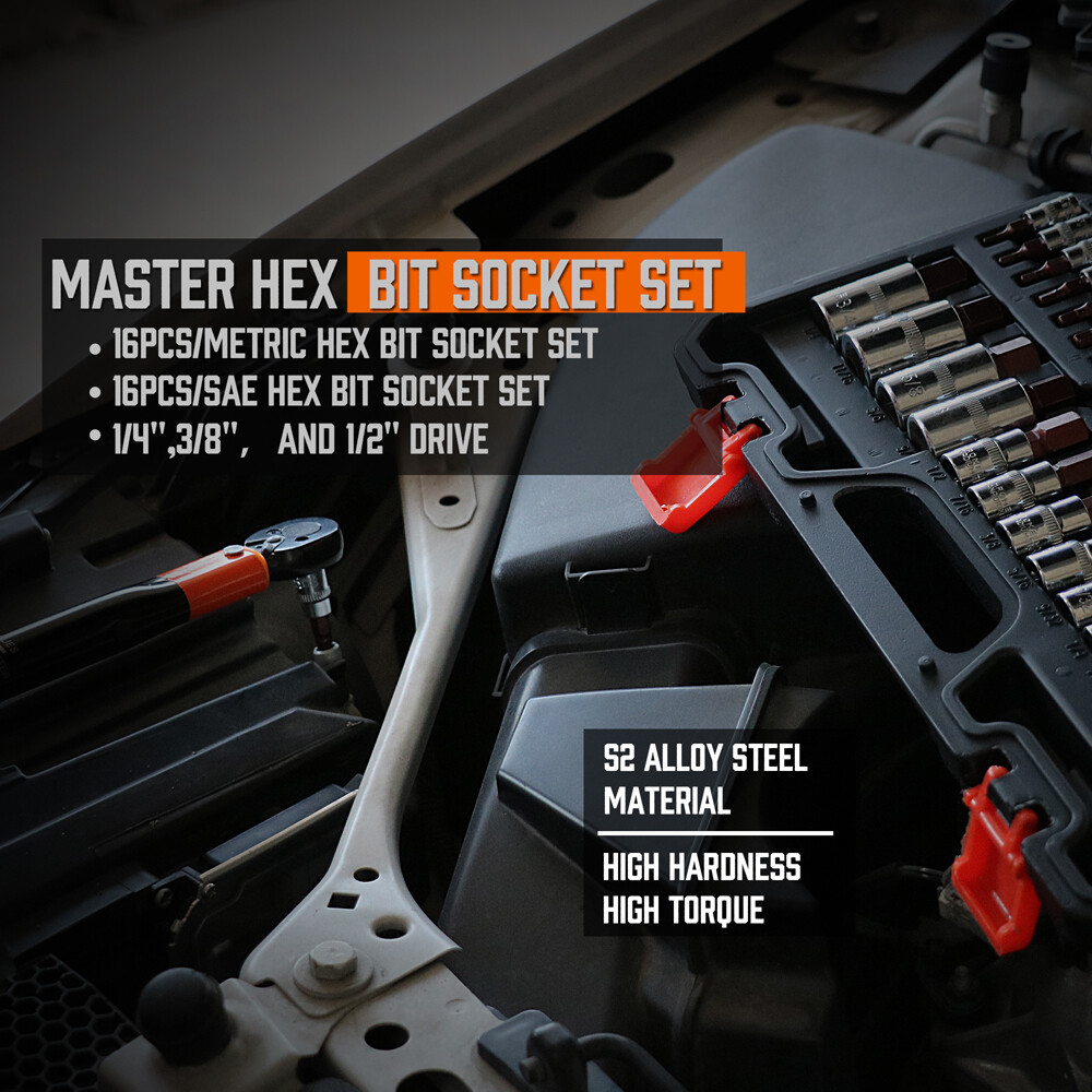 32Pc Hex Allen Master Socket Bit Set Premium 3/8 1/4 1/2 S2 Steel SAE Metric