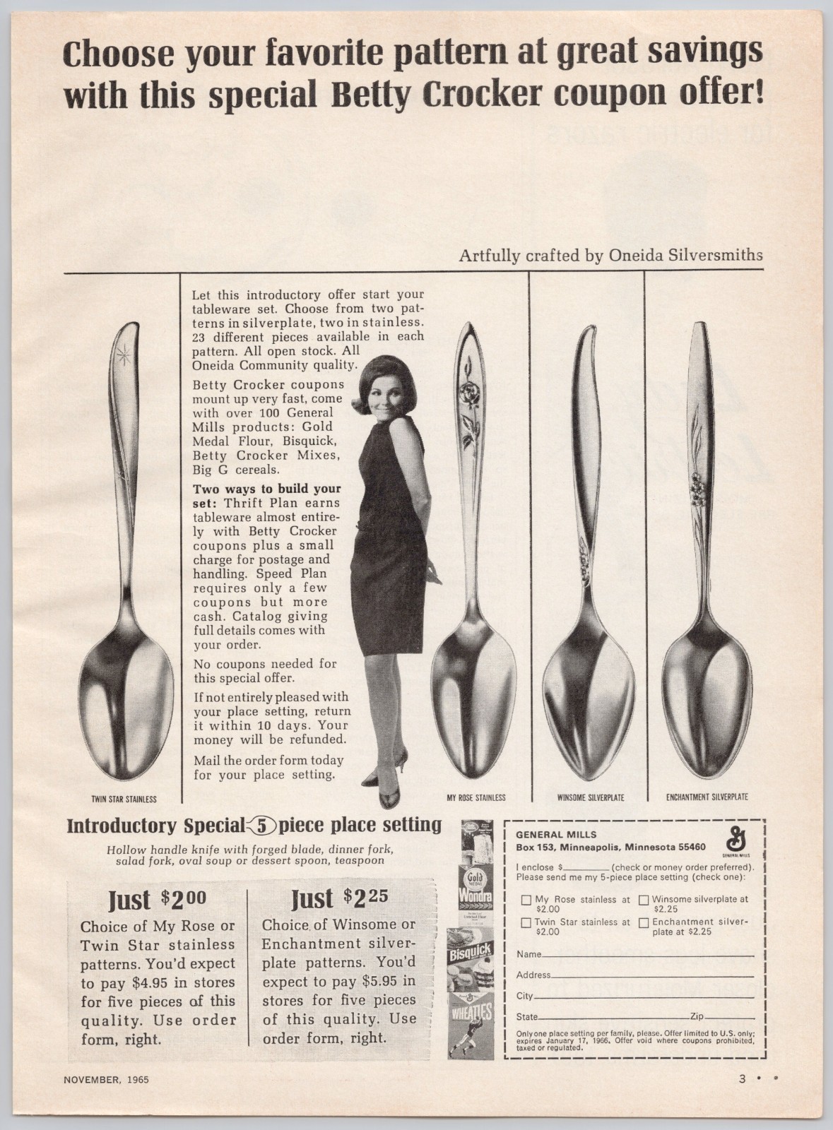 1965 Betty Crocker Oneida Silverware Vintage Print Ad Twin Star My Rose Pattern