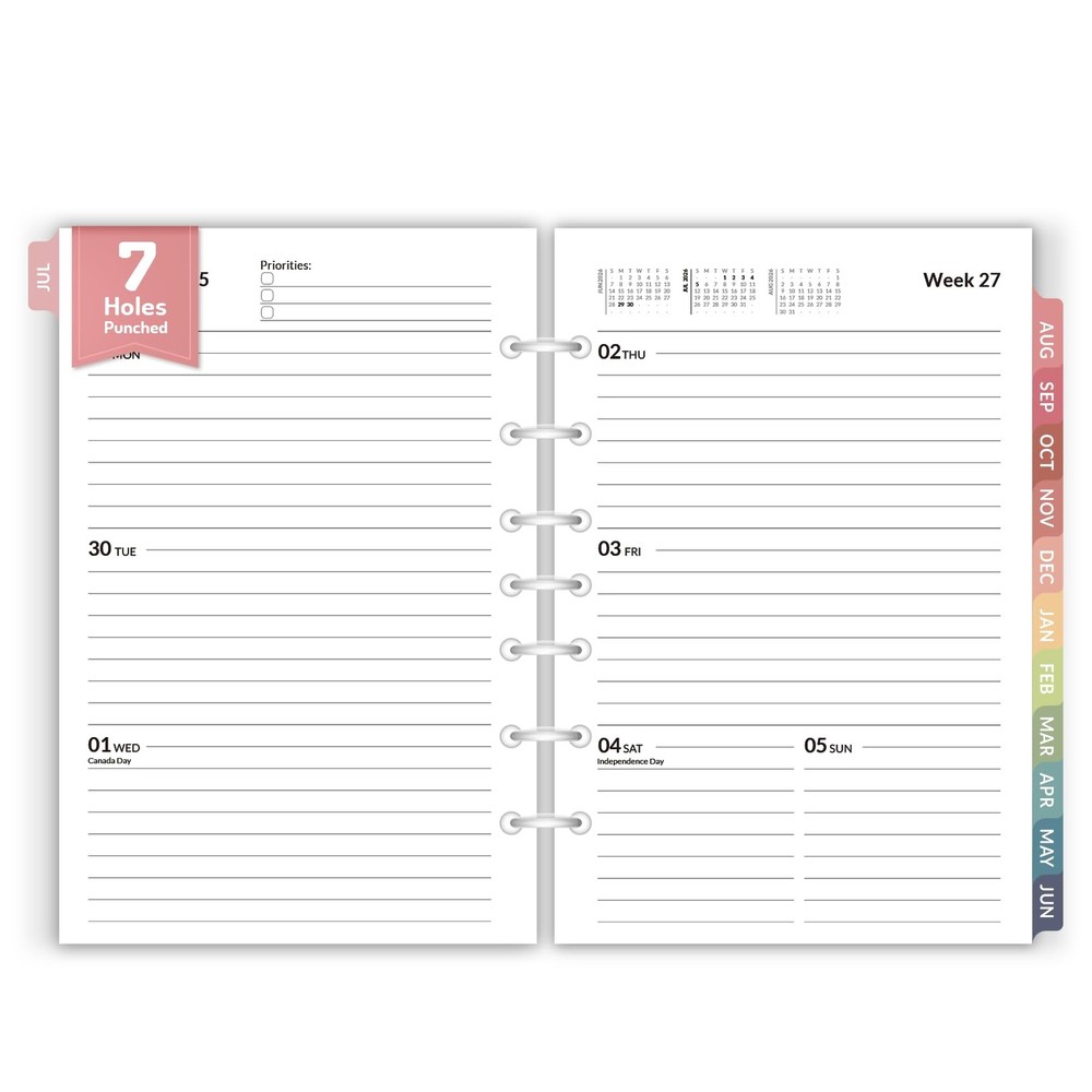 2026 Weekly & Monthly Planner Refills for A5 7-Ring Binders, July 2026 - Jun ...