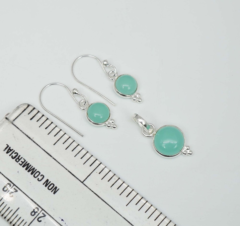 925 Solid Sterling Silver Aqua Chalcedony Hook Earring Pendant Set