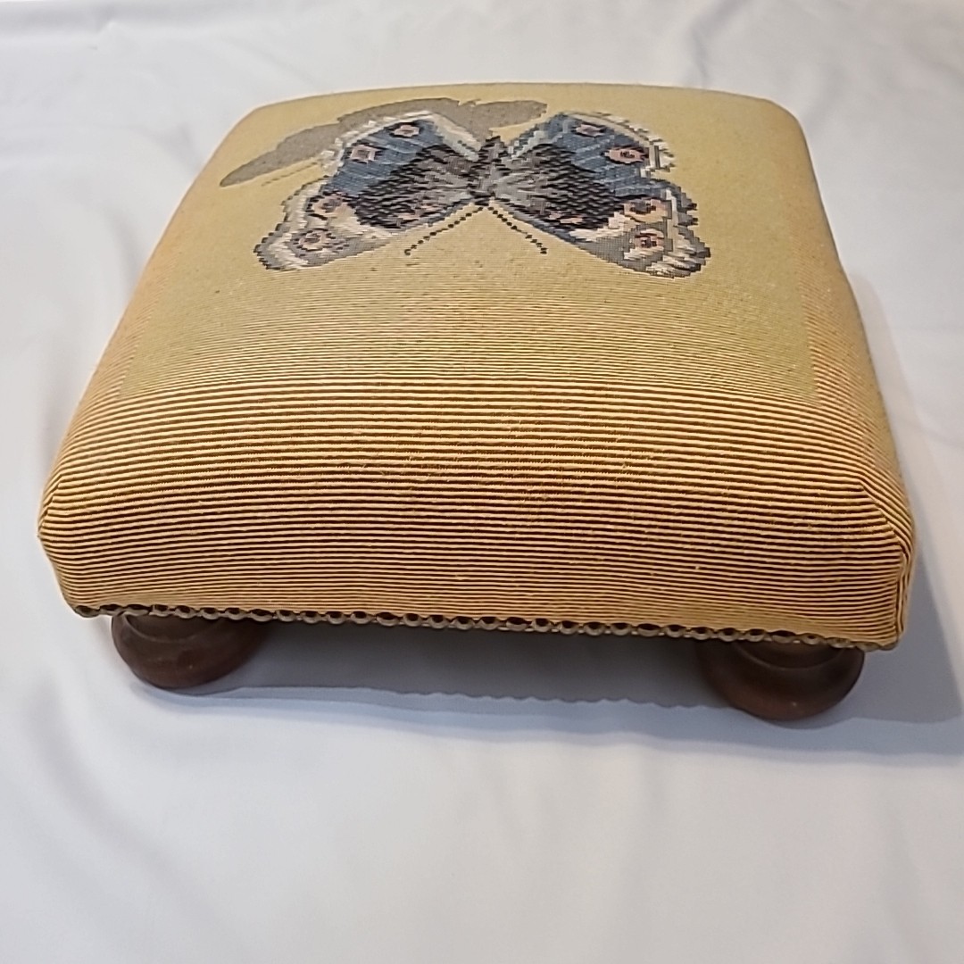 Vintage needlepoint butterfly footstool 13" x 13" x 5" Wooden Feet