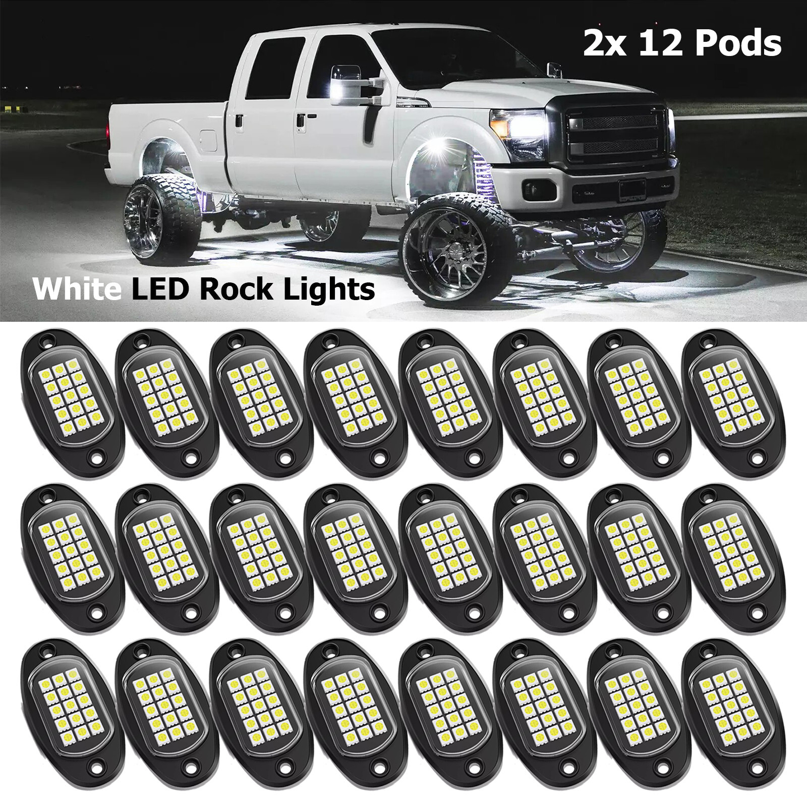 24 Pods LED Rock Lights for Trucks Underglow Wheel Well Light 6000K Pure White