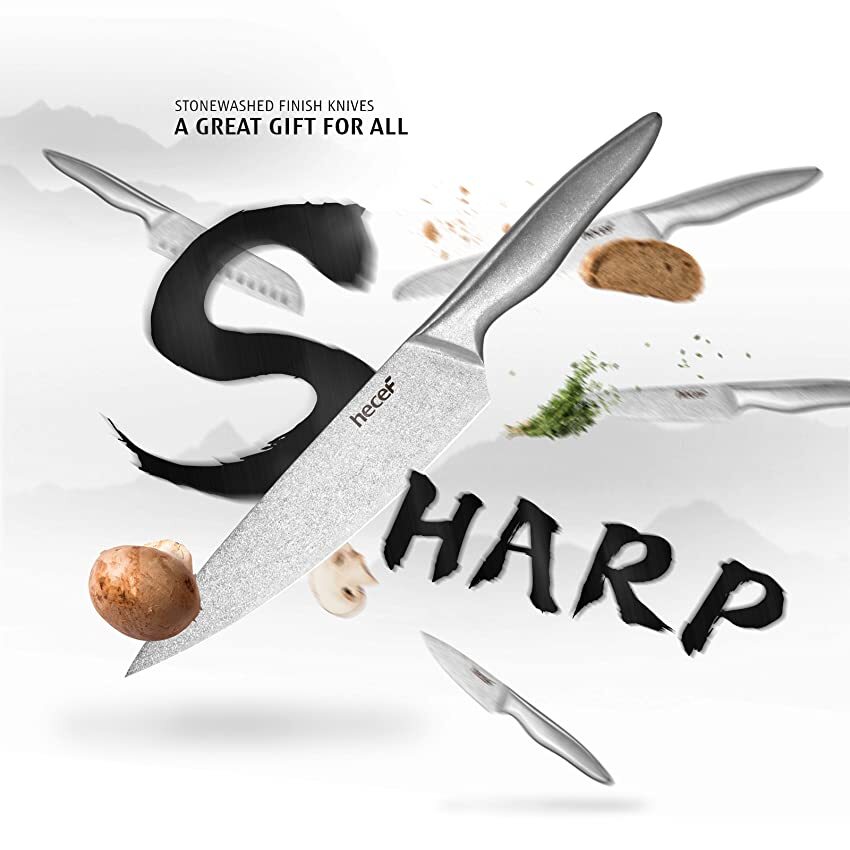 Hecef 11Pcs Knife Set Stonewashed Rustproof Stainless Steel Sharp Cutting Knife