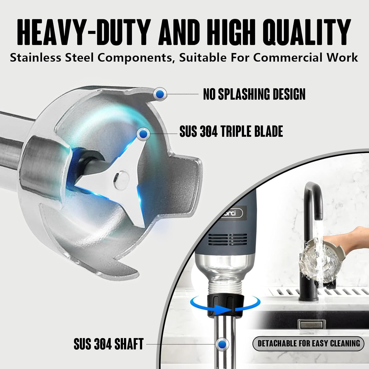 500W Commercial Immersion Blender, 16" SUS 304 Removable Shaft, Heavy Duty Power