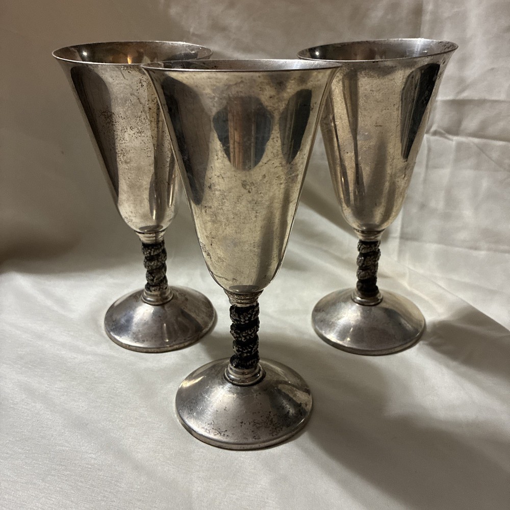 3 Silver Plated Roma's Visiuc S.L. Brass Pair Goblets Spain Madrid Vintage 7”