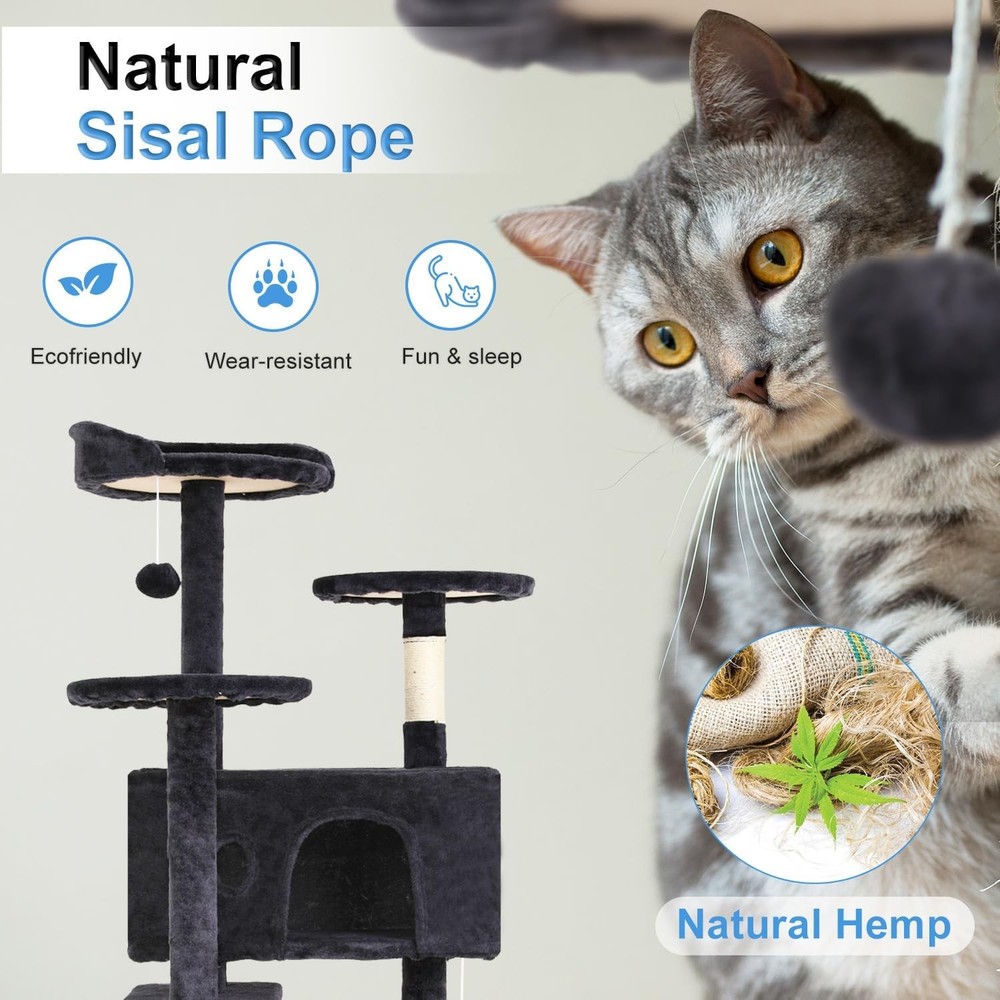 54" Cat Tree Tower Condo w/ Sisal Scratching Posts, Gray, Multi-Level Sturdy