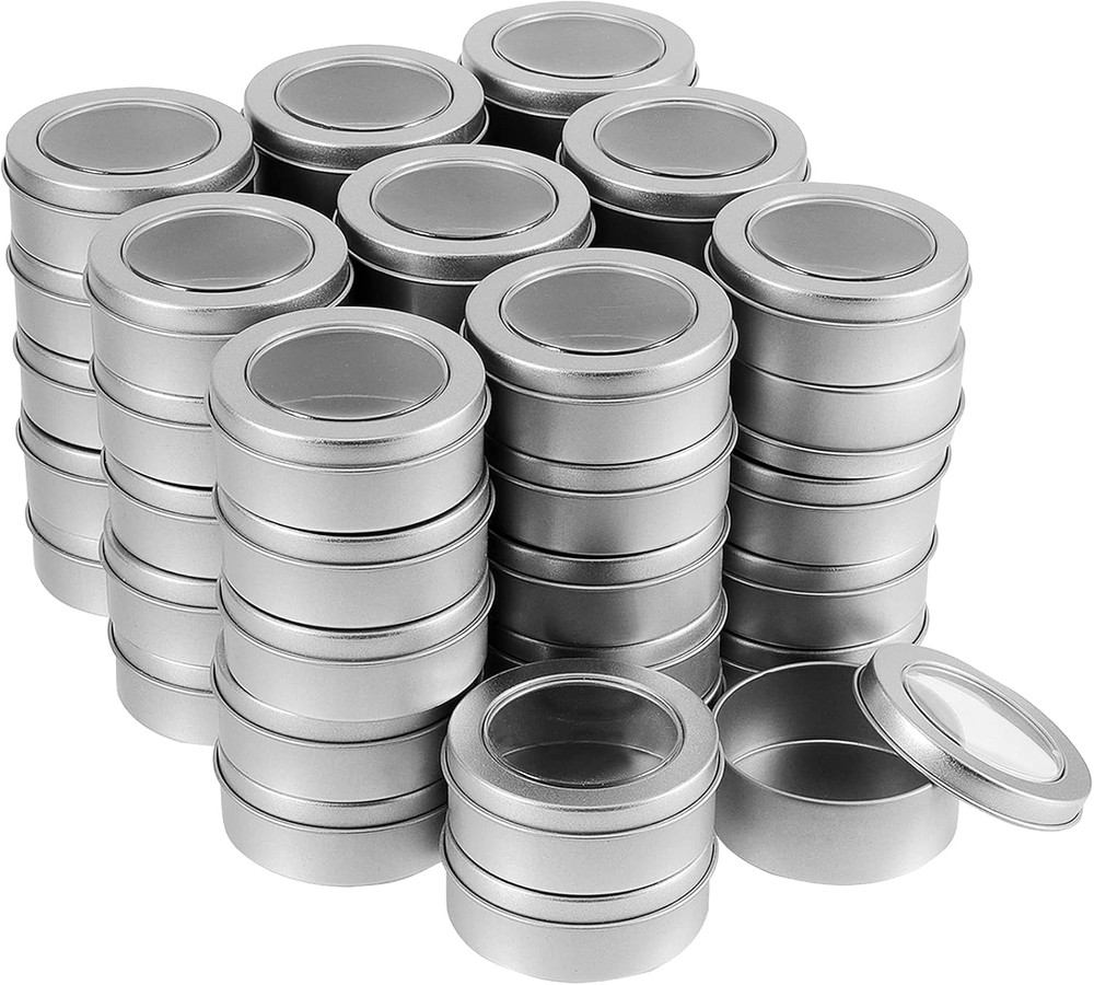 48 Pack 2 OZ Metal Tins Cans, Round Empty Container Cans with Clear Window Top,