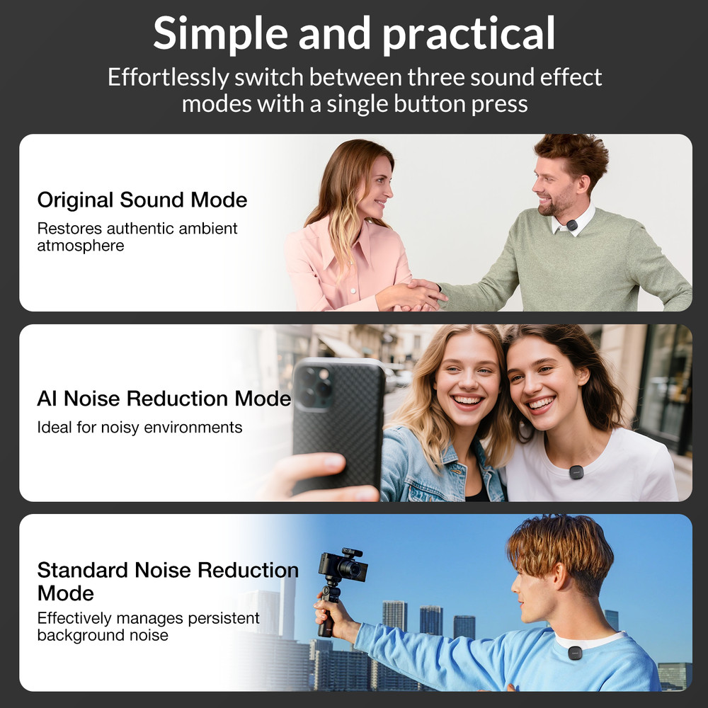 2-in-1 Wireless Lapel Microphone with AI Noise Reduction for iPhone & Android