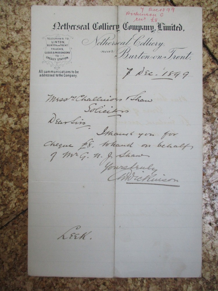 1899 Netherseal Colliery Letter