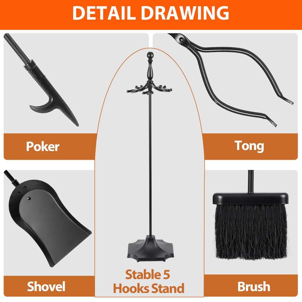 5 PCS Hearth Tool Fireplace Set Fire Tools Set Black with Handles Tools Indoor