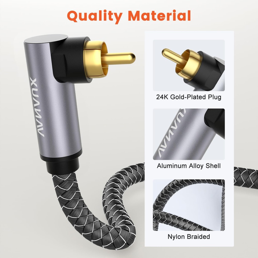 VANAUX Subwoofer RCA Cable 90 Degree to Audio 2 ft, Grey