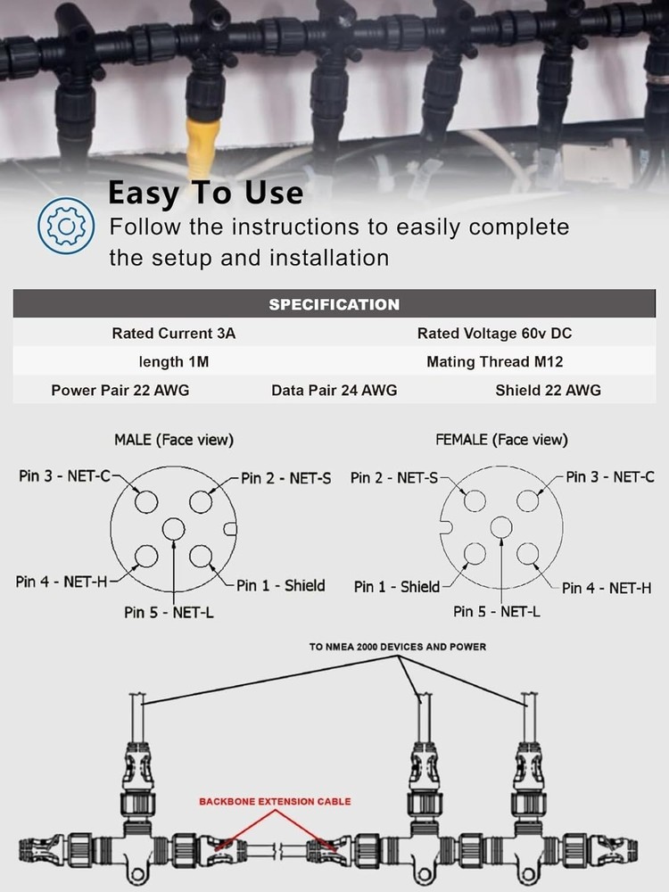 NMEA 2000 (N2K) 1 Meter (3ft 3 inches) Backbone, Drop or Extension Cable