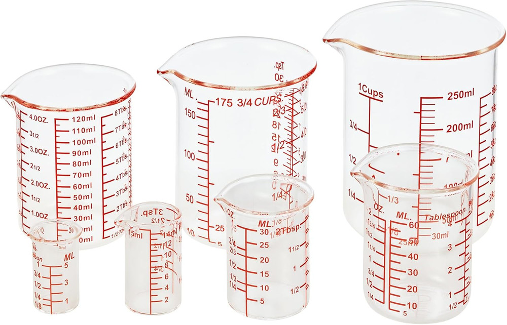 Ackers 7-Piece Glass Measuring Cup Set, Borosilicate Beaker Style Nesting Liquid