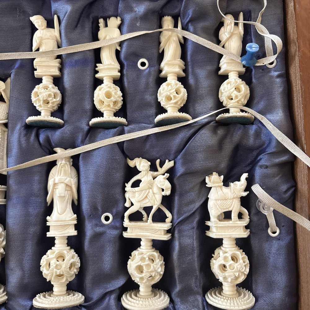 Vintage Chinese Puzzle Ball Figural Chess Set.
