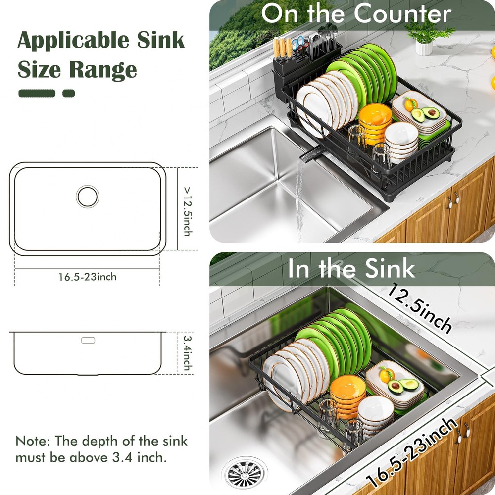 Compact Dish Drying Rack Countertop Rust Resistant Drainer with Utensil