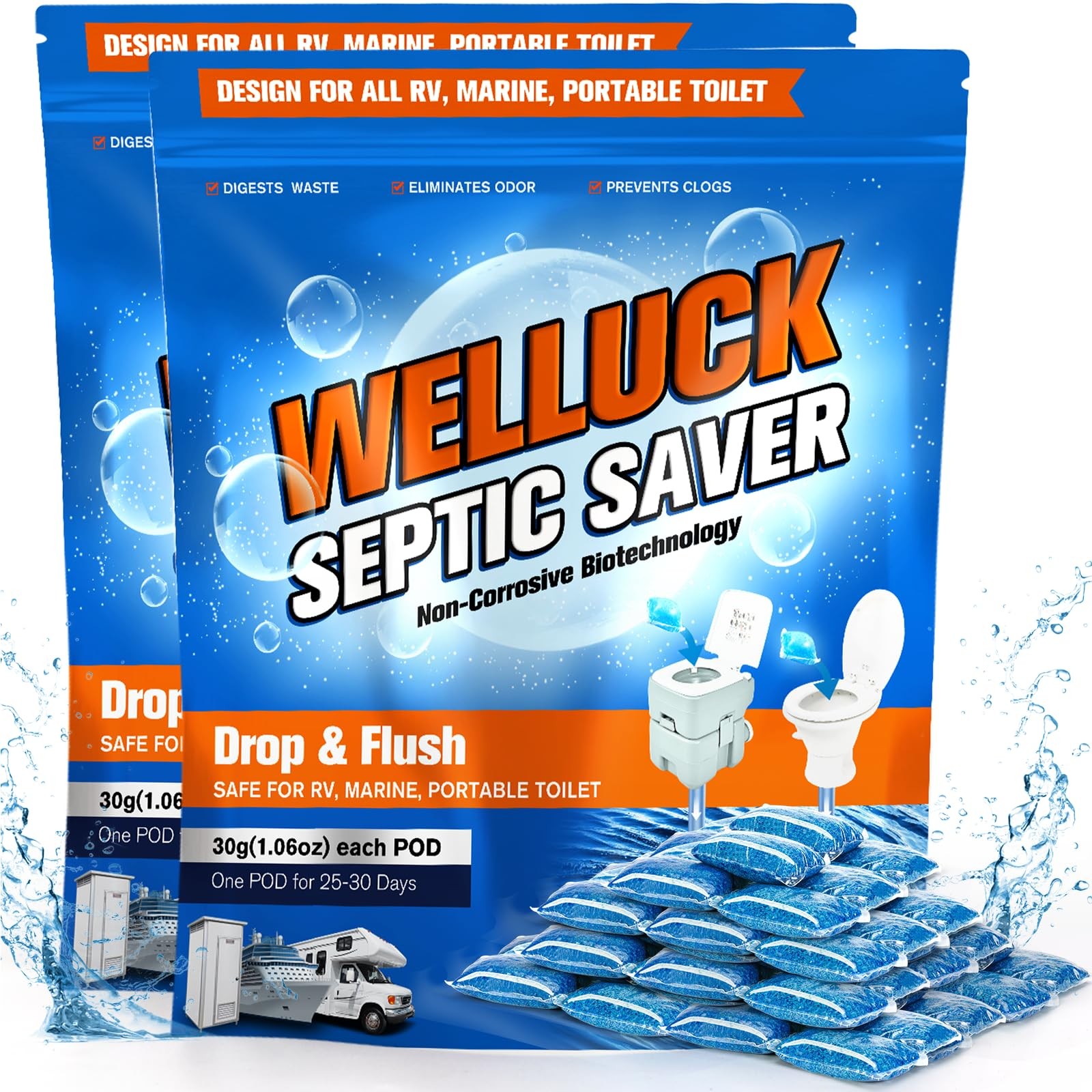 WELLUCK 50 Packs RV Toilet Treatment Drop Ins, Holding Tank Deodorizer for RV