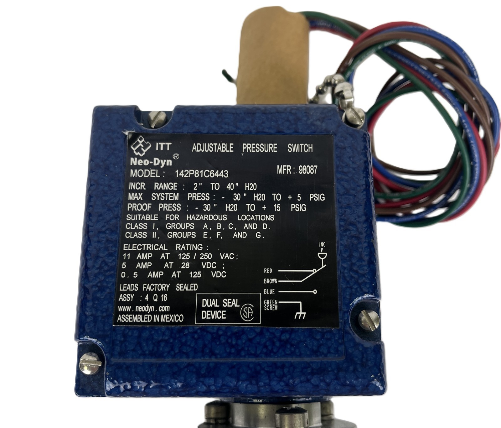 ITT, NEO-DYN, 142P8, ULTRA-LOW VACUUM PRESSURE SWITCH, ADJUSTABLE, HAZ. AREA NEW