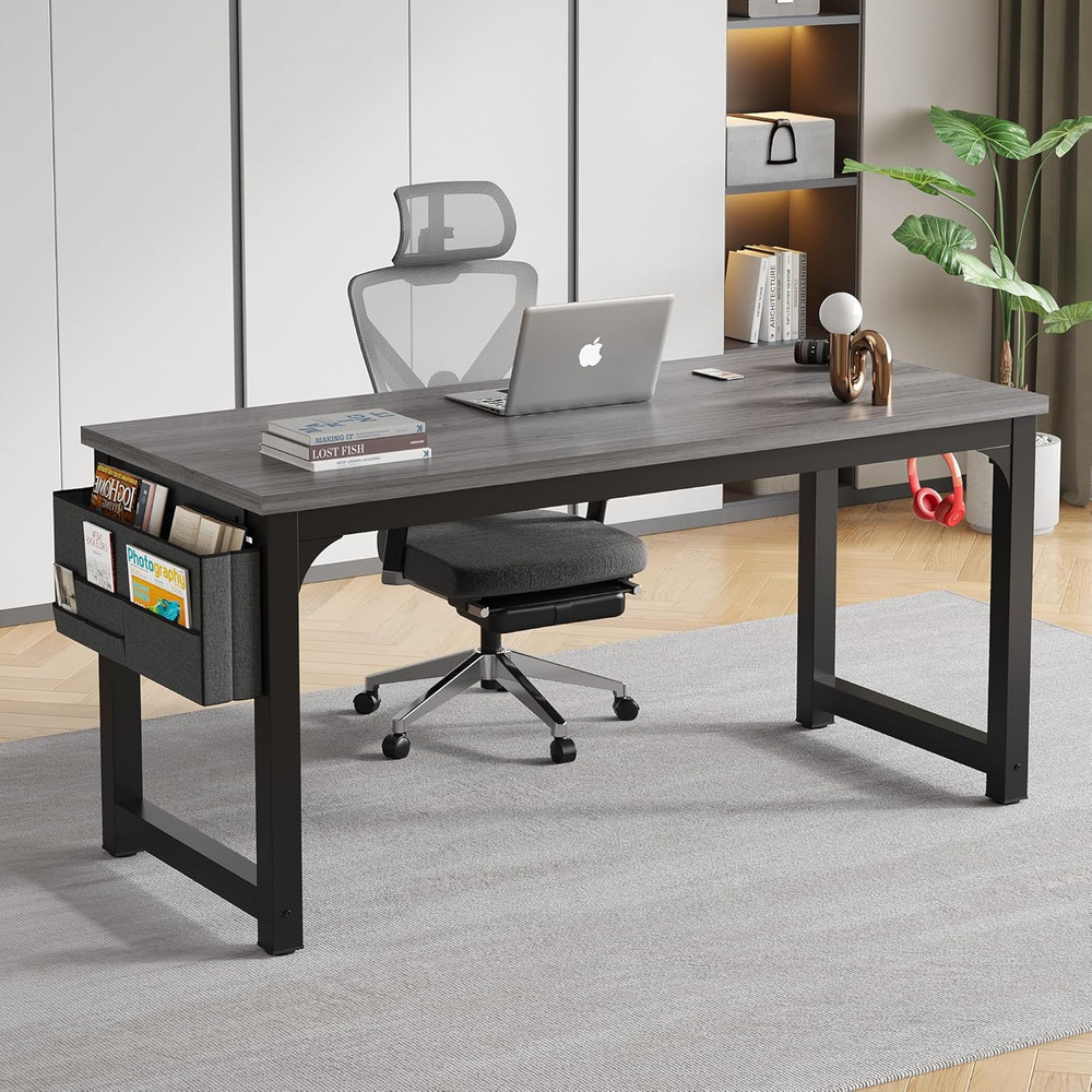 63" Modern Large Computer Desk with Storage & Headphone Hooks - Grey